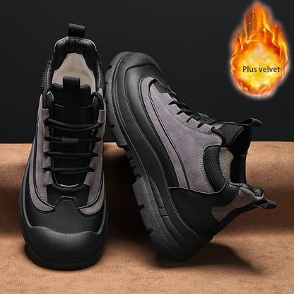 Men's sneakers, mid-top shaft, black and khaki, sturdy sole, lace-up closure