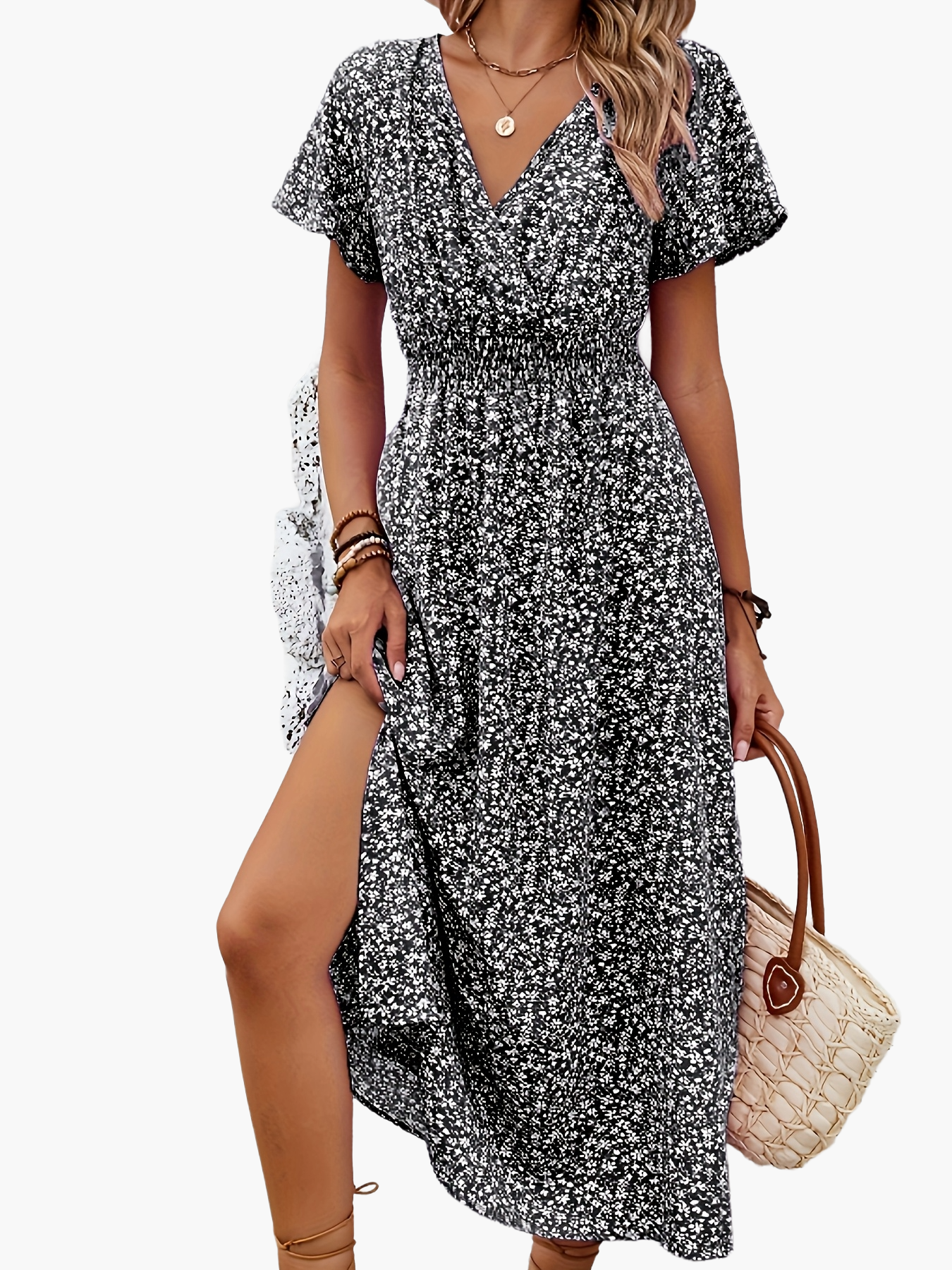Damen Sommerkleid Elegant mit V-Ausschnitt und Blumenmuster – Perfekt für Freizeit, Urlaub und Alltag