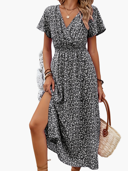 Damen Sommerkleid Elegant mit V-Ausschnitt und Blumenmuster – Perfekt für Freizeit, Urlaub und Alltag