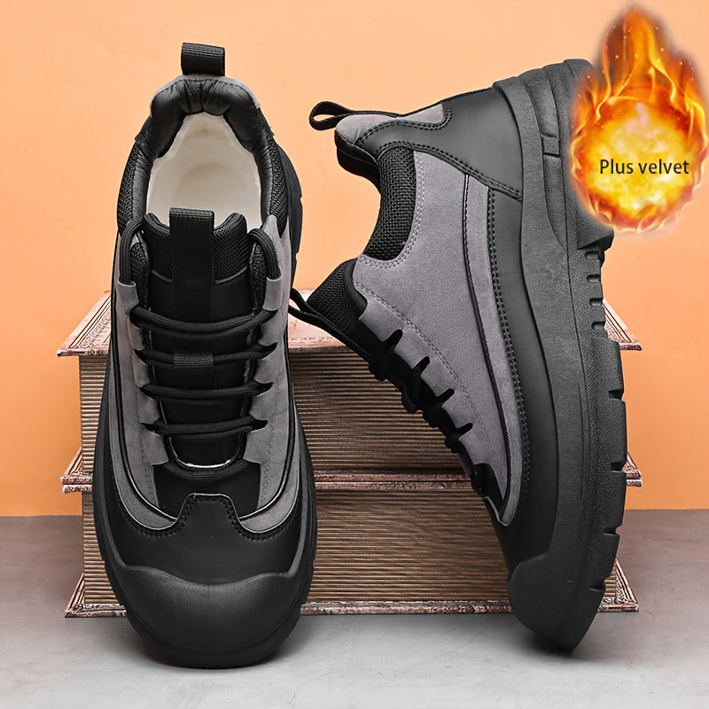 Men's sneakers, mid-top shaft, black and khaki, sturdy sole, lace-up closure