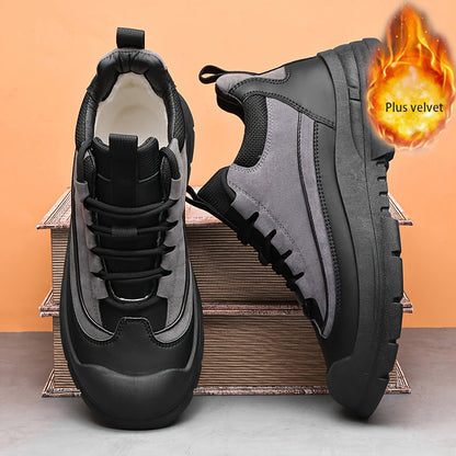 Men's sneakers, mid-top shaft, black and khaki, sturdy sole, lace-up closure