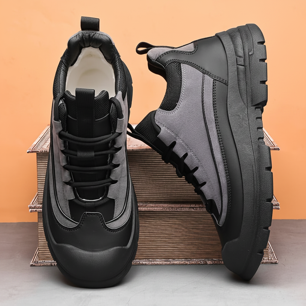 Men's sneakers, mid-top shaft, black and khaki, sturdy sole, lace-up closure