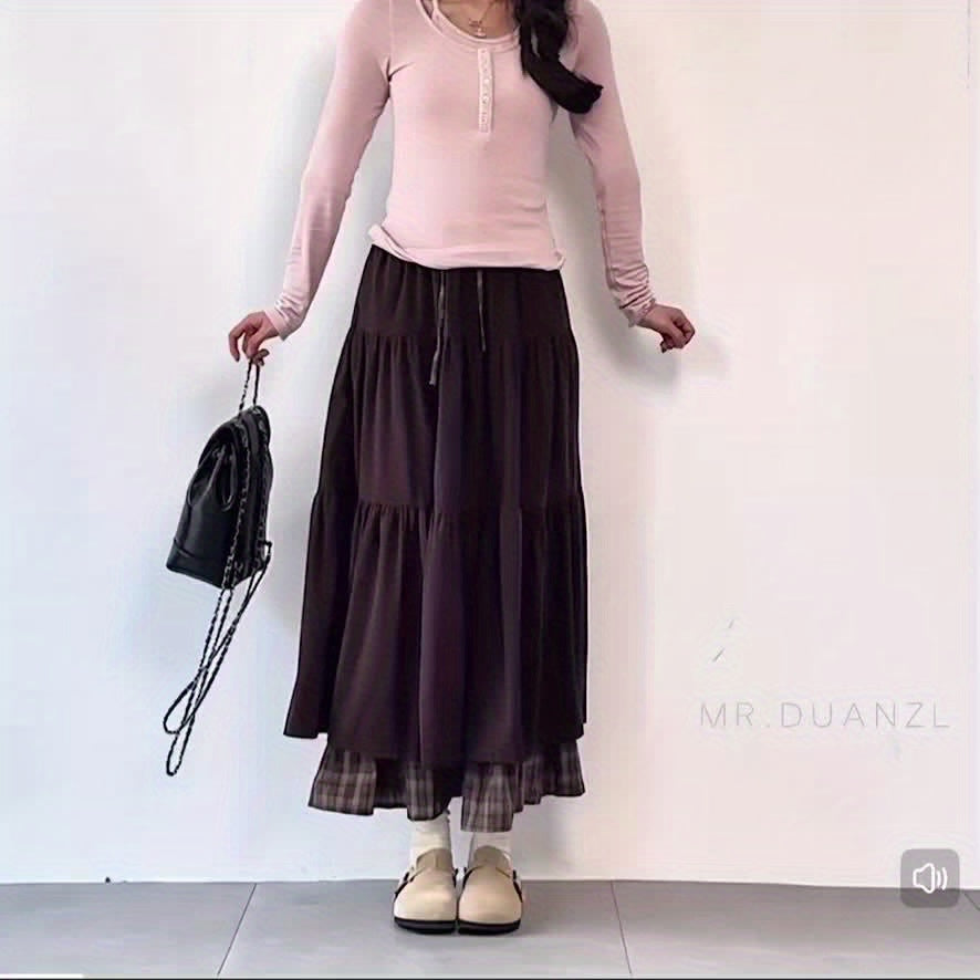 Women's floor-length tiered skirt with a checked underskirt and drawstring