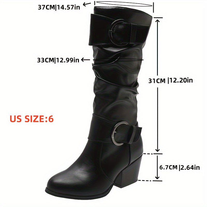 Damen Stiefel mit Schnallen und Falten-Schaft, Blockabsatz – Schwarz, Braun, Karamell