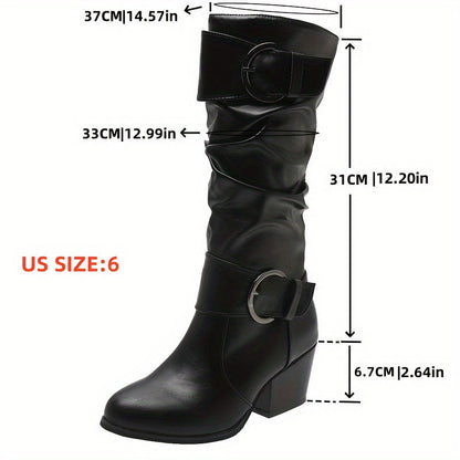 Damen Stiefel mit Schnallen und Falten-Schaft, Blockabsatz – Schwarz, Braun, Karamell