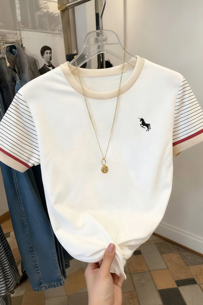Women's T-shirt with Unicorn Logo and Striped Sleeves – Casual Wear with a Modern Style