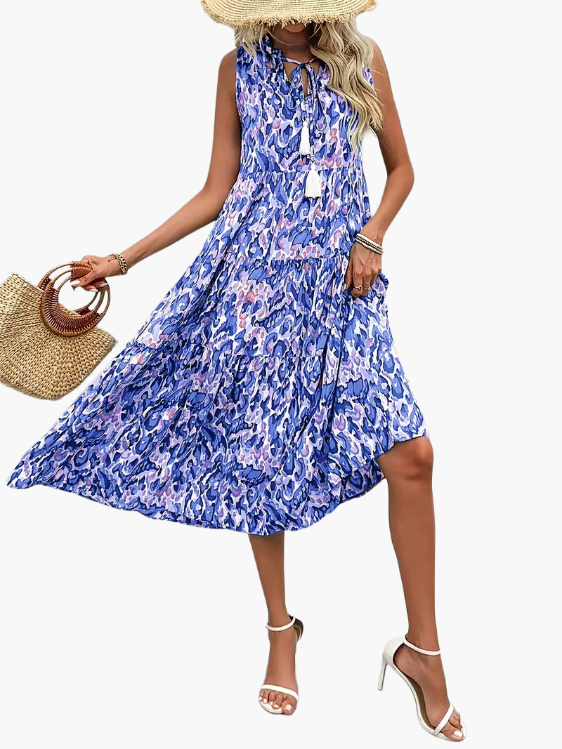 Women's Summer Dress Elegant Sleeveless with Allover Print and Tassels for Leisure and Vacation