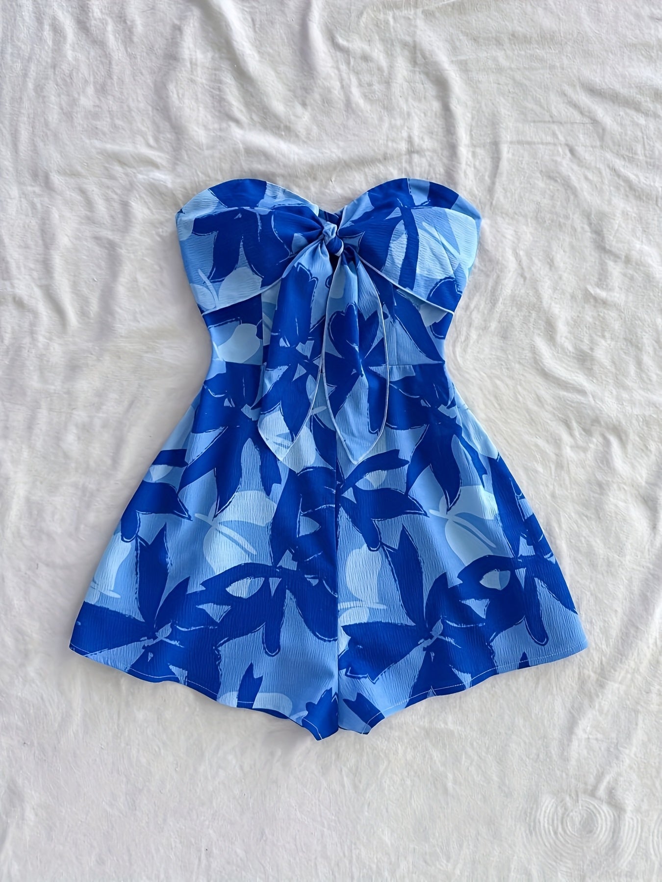 Women's Bandeau Summer Jumpsuit Playsuit with Floral Pattern and Bow Detail – Perfect for Vacation and Leisure