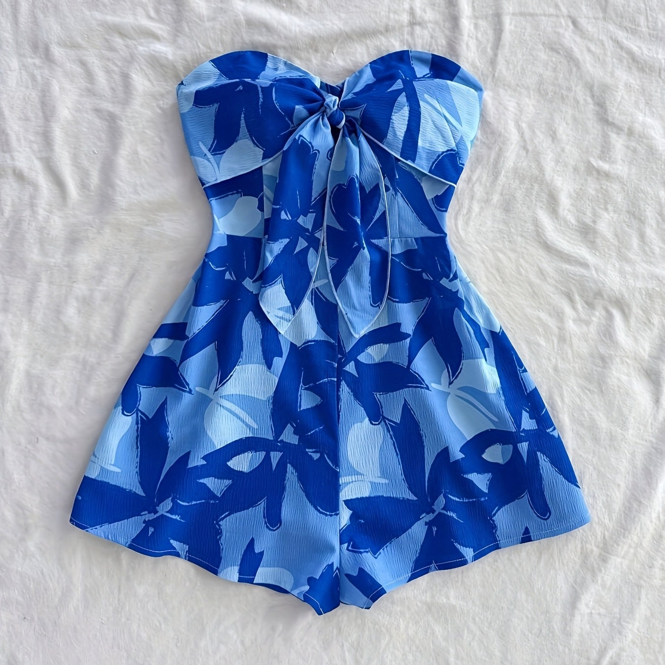 Women's Bandeau Summer Jumpsuit Playsuit with Floral Pattern and Bow Detail – Perfect for Vacation and Leisure
