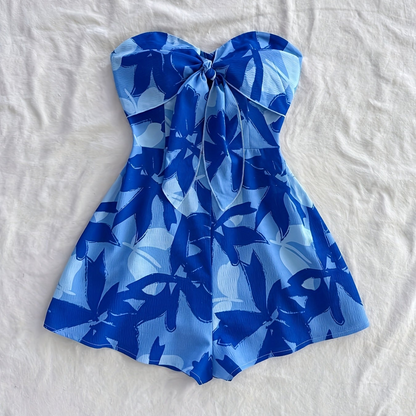 Women's Bandeau Summer Jumpsuit Playsuit with Floral Pattern and Bow Detail – Perfect for Vacation and Leisure