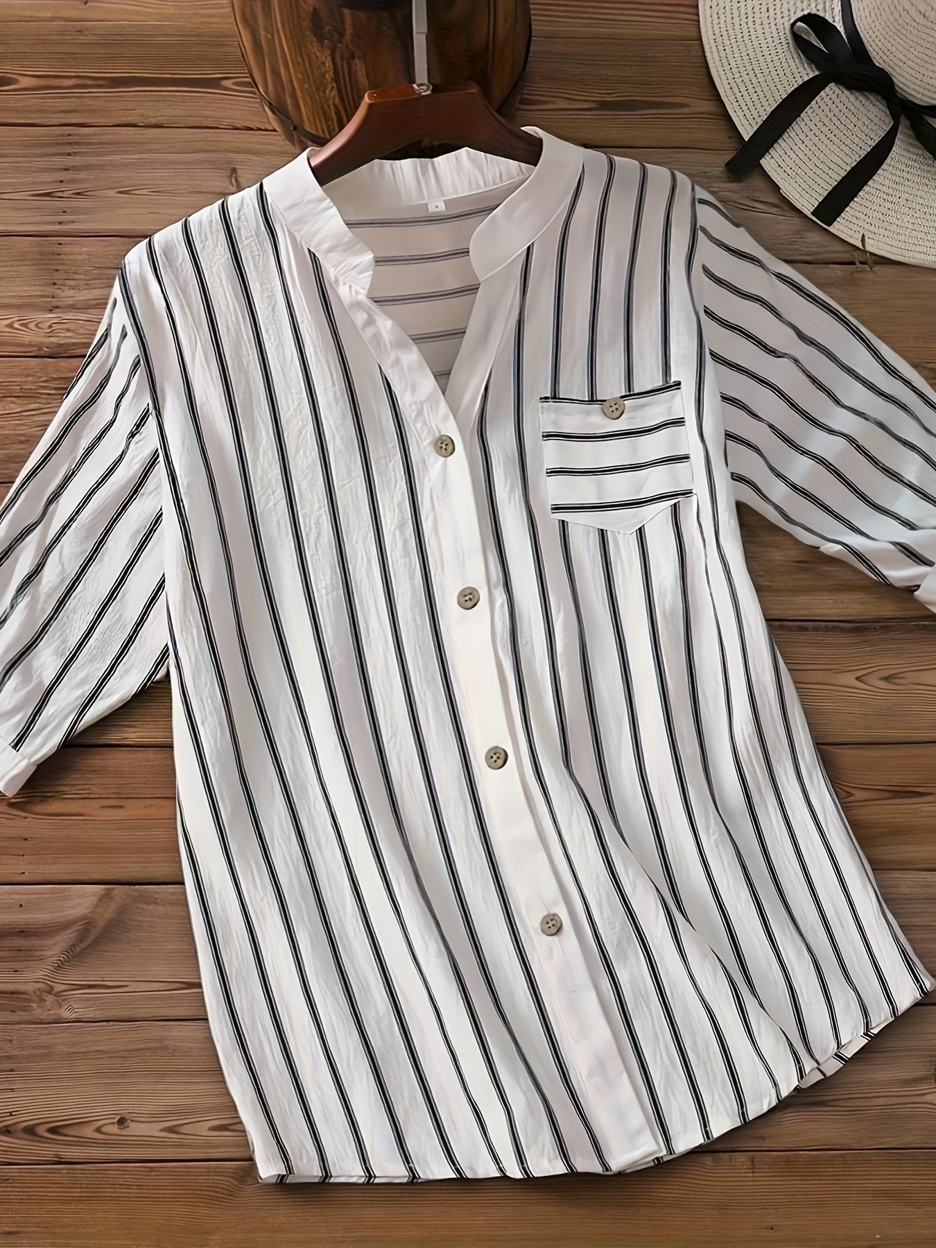 Women's short-sleeve blouse with stand-up collar and button placket – Casual stripes, summer tunic, office & leisure