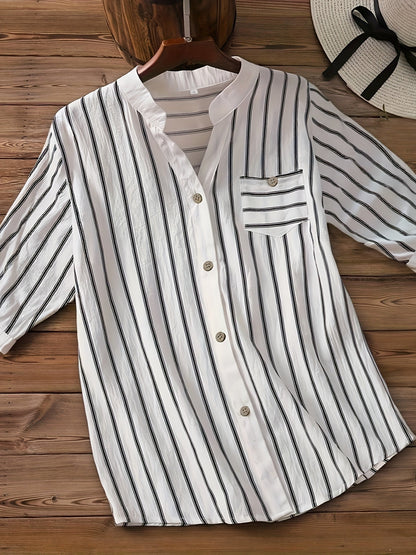 Women's short-sleeve blouse with stand-up collar and button placket – Casual stripes, summer tunic, office & leisure