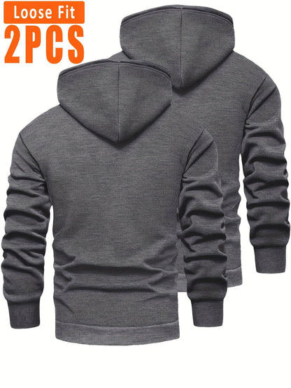 2-pack of men’s hooded sweatshirts, fleece-lined, with kangaroo pockets and drawstrings, black & dark gray