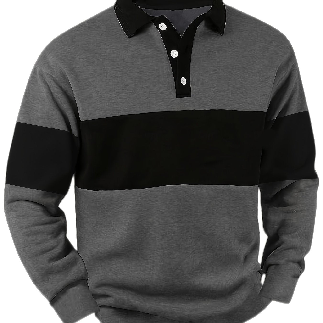 Men's long-sleeve striped rugby shirt with a polo collar, dark gray and black