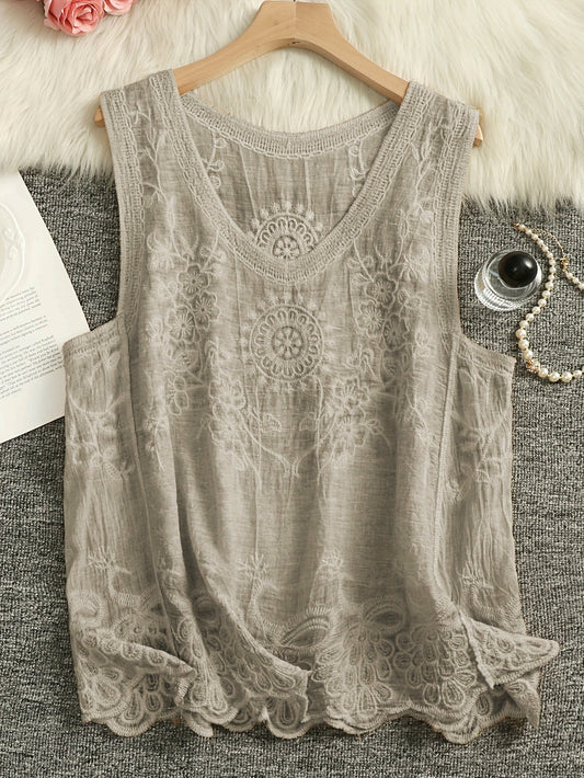 Women's Boho Embroidered Tank Top with Floral Details – Summer Casual Wear