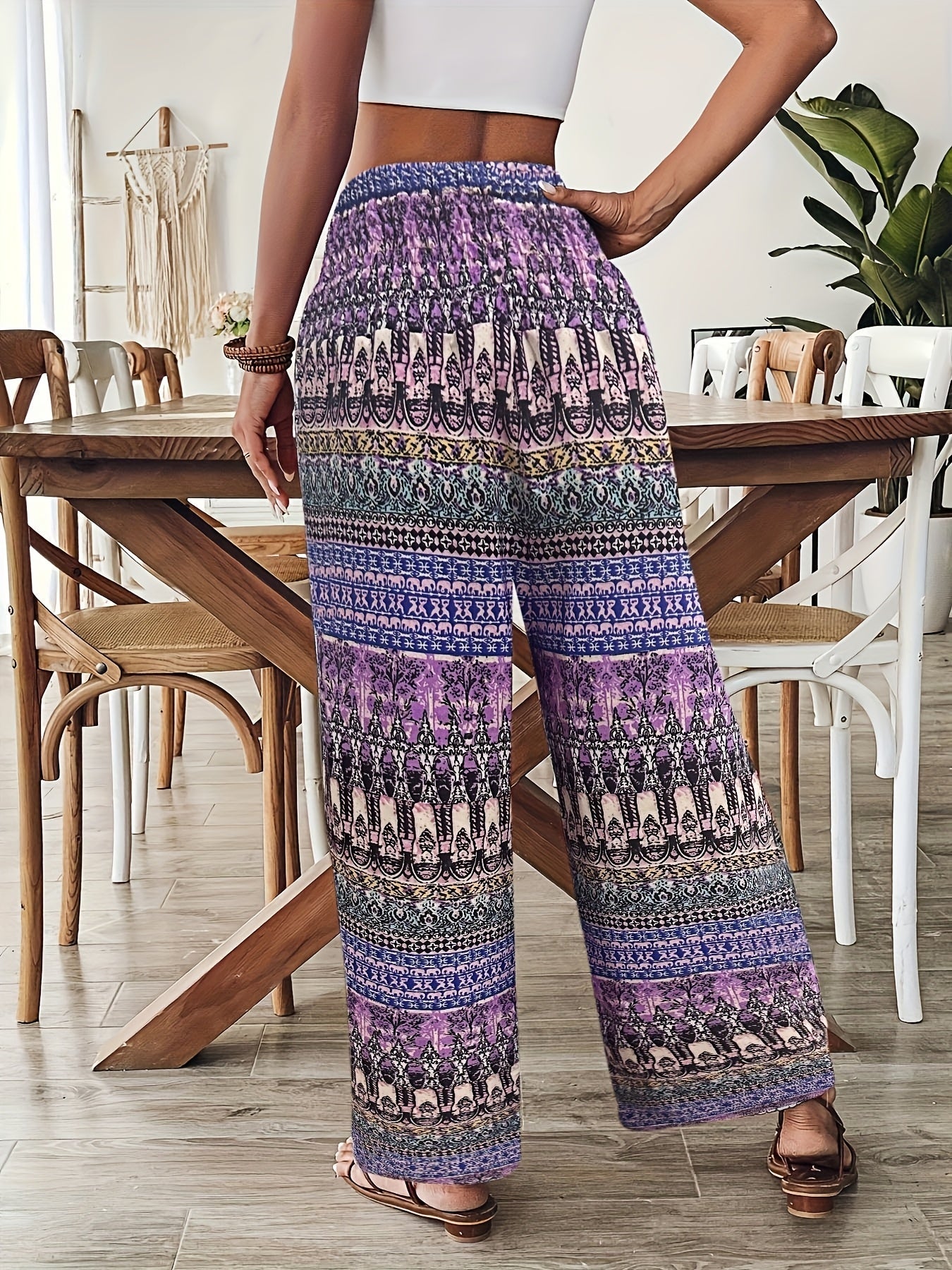 Women's Boho Wide-Leg Casual Pants with Ethnic Pattern for Summer