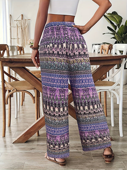 Women's Boho Wide-Leg Casual Pants with Ethnic Pattern for Summer
