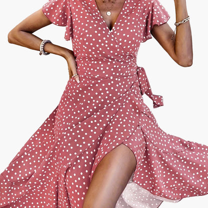 Women's Wrap Dress with Polka Dots and Ruffle Sleeves – Elegant Summer Look for Everyday and Leisure