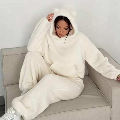 Damen Kuscheliger Loungewear Schlafanzug mit Kapuze und Ohren Plüsch Zweiteiler