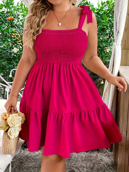 Women's Summer Mini Dress with Smocked Top and Shoulder Bow – Perfect for Vacation and Leisure