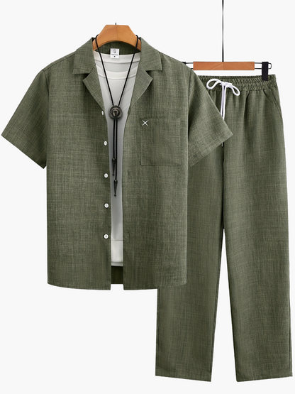 Men's Casual Suit Set – Short-Sleeve Shirt & Pants, Modern Summer Look for Everyday and Vacation