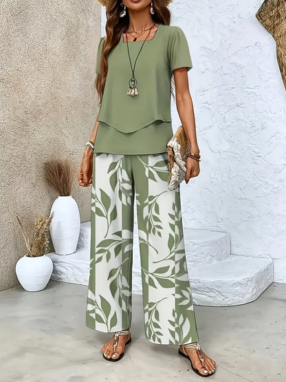 Women's Elegant Two-Piece Set with Short-Sleeve Shirt and Wide-Leg Pants, Floral, Perfect for Everyday and Vacation