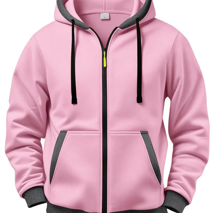 Unisex Kapuzenjacke mit Reißverschluss, kontrastfarbener Kapuze und Taschen, Rosa