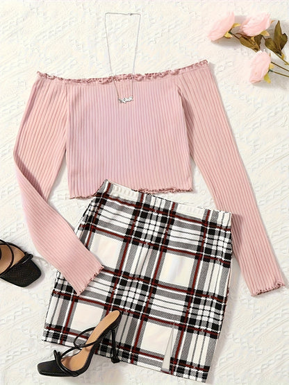 Women's Set Elegant Off-Shoulder Top and Plaid Mini Skirt – Perfect for Spring & Summer