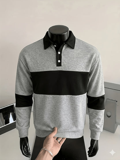 Men's long-sleeve striped rugby shirt with a polo collar, dark gray and black