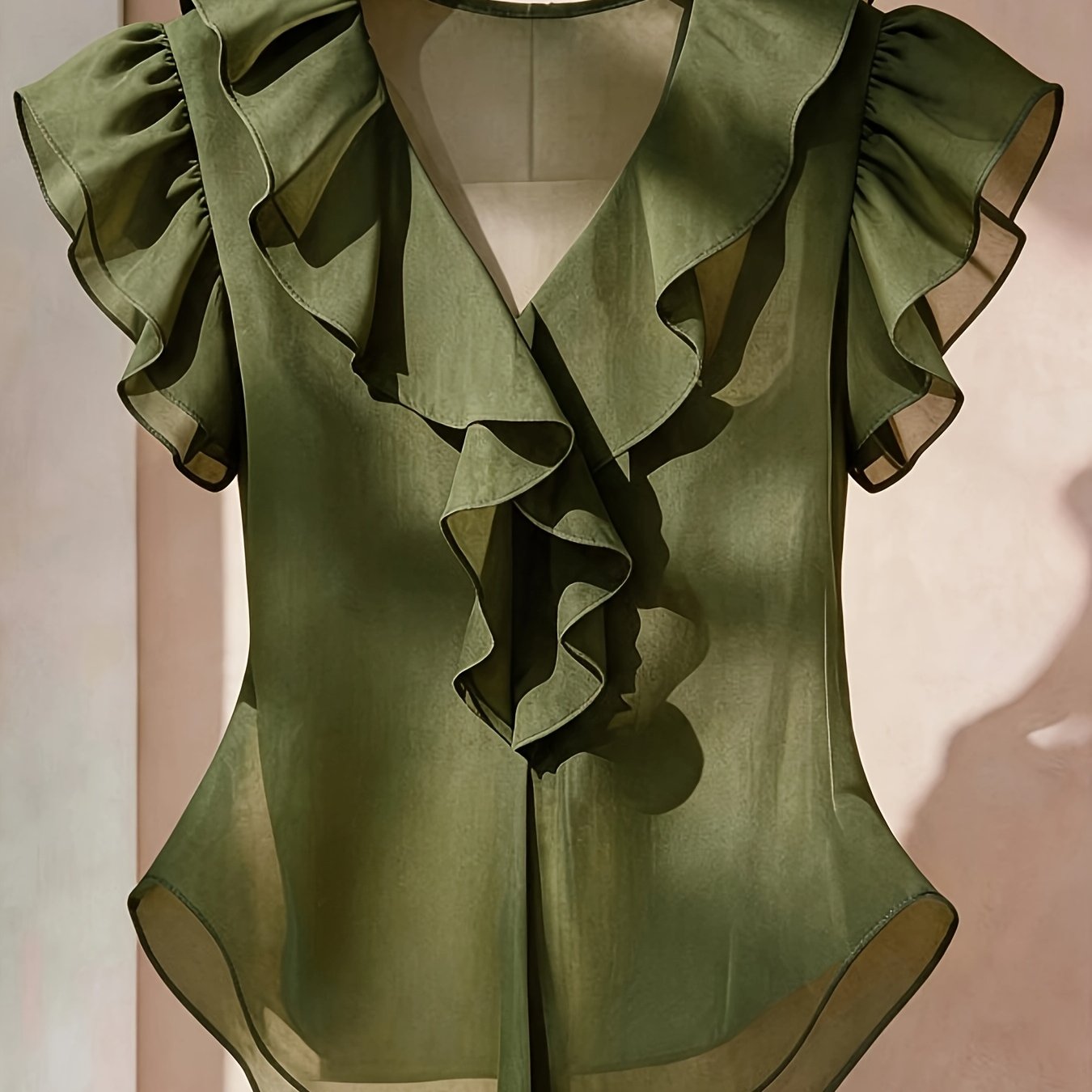 Women's blouse with ruffles and V-neck – Elegant frilled blouse for office and leisure