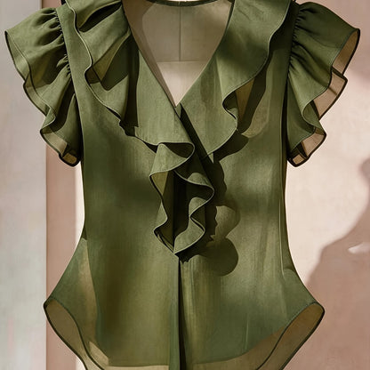 Women's blouse with ruffles and V-neck – Elegant frilled blouse for office and leisure