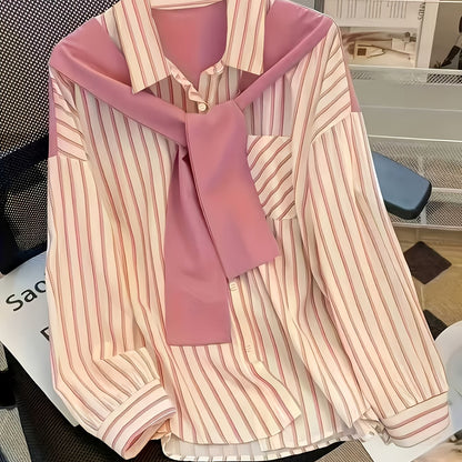 Women's striped blouse with tie detail, long-sleeve shirt blouse with chest pocket