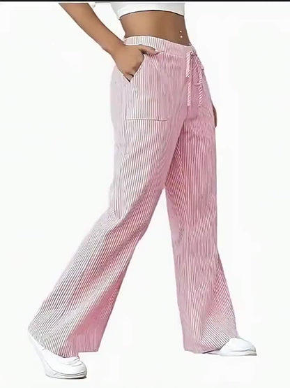 Women's Wide-Leg Casual Pants with Stripes and Drawstring – Relaxed Streetwear for Everyday and Weekend