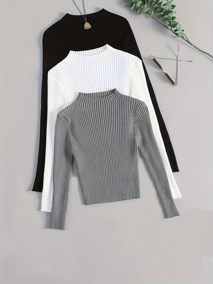 Gerippter Langarm-Pullover mit Stehkragen für Damen, einfarbig