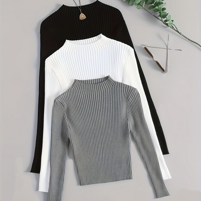 Gerippter Langarm-Pullover mit Stehkragen für Damen, einfarbig