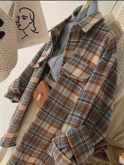 Plaid oversized shacket for women, transitional jacket, brown, blue, beige