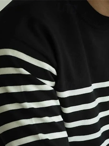 Striped men's crew-neck sweater, black and white, long-sleeved
