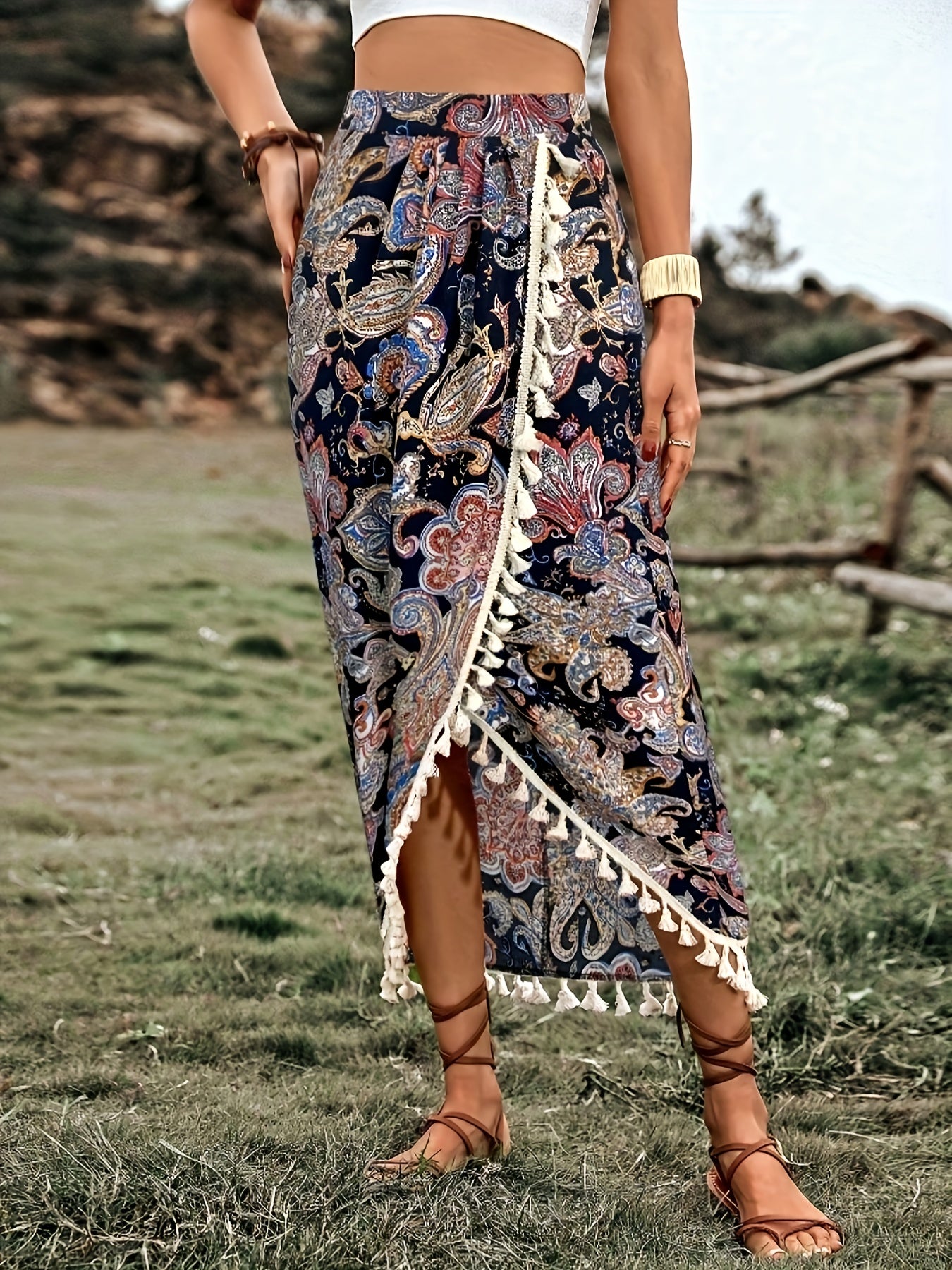 Women's Boho Wrap Midi Skirt with Paisley Pattern and Tassels – Summer Festival Style