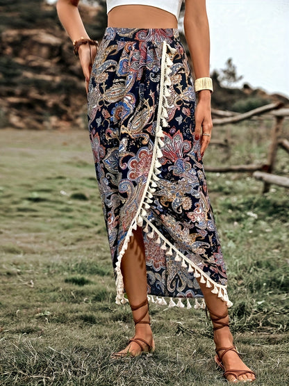 Women's Boho Wrap Midi Skirt with Paisley Pattern and Tassels – Summer Festival Style