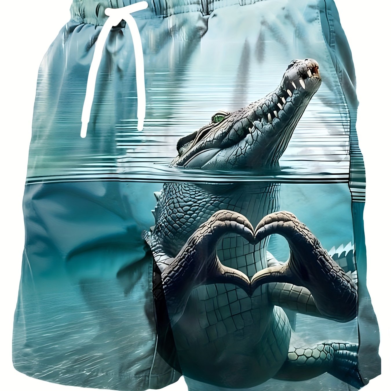 Men's swim shorts with funny crocodile print, heart motif – perfect for beach and pool