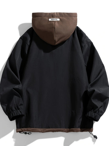 Unisex transitional jacket with hood and zipper, two-in-one look, black/brown