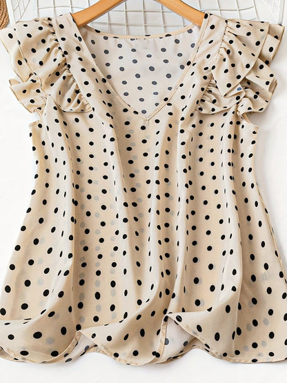 Damen Polka Dot Bluse mit V-Ausschnitt und Rüschenärmeln – Eleganter Alltags- und Büro-Look