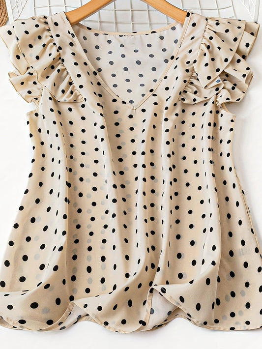 Women's Polka Dot Blouse with V-Neck and Ruffle Sleeves – Elegant Everyday and Office Look