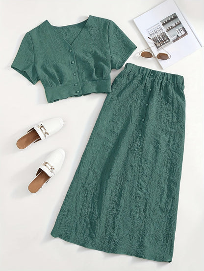 Women's Two-Piece Set – Elegant Button-Down Crop Top & Midi Skirt for Everyday and Leisure