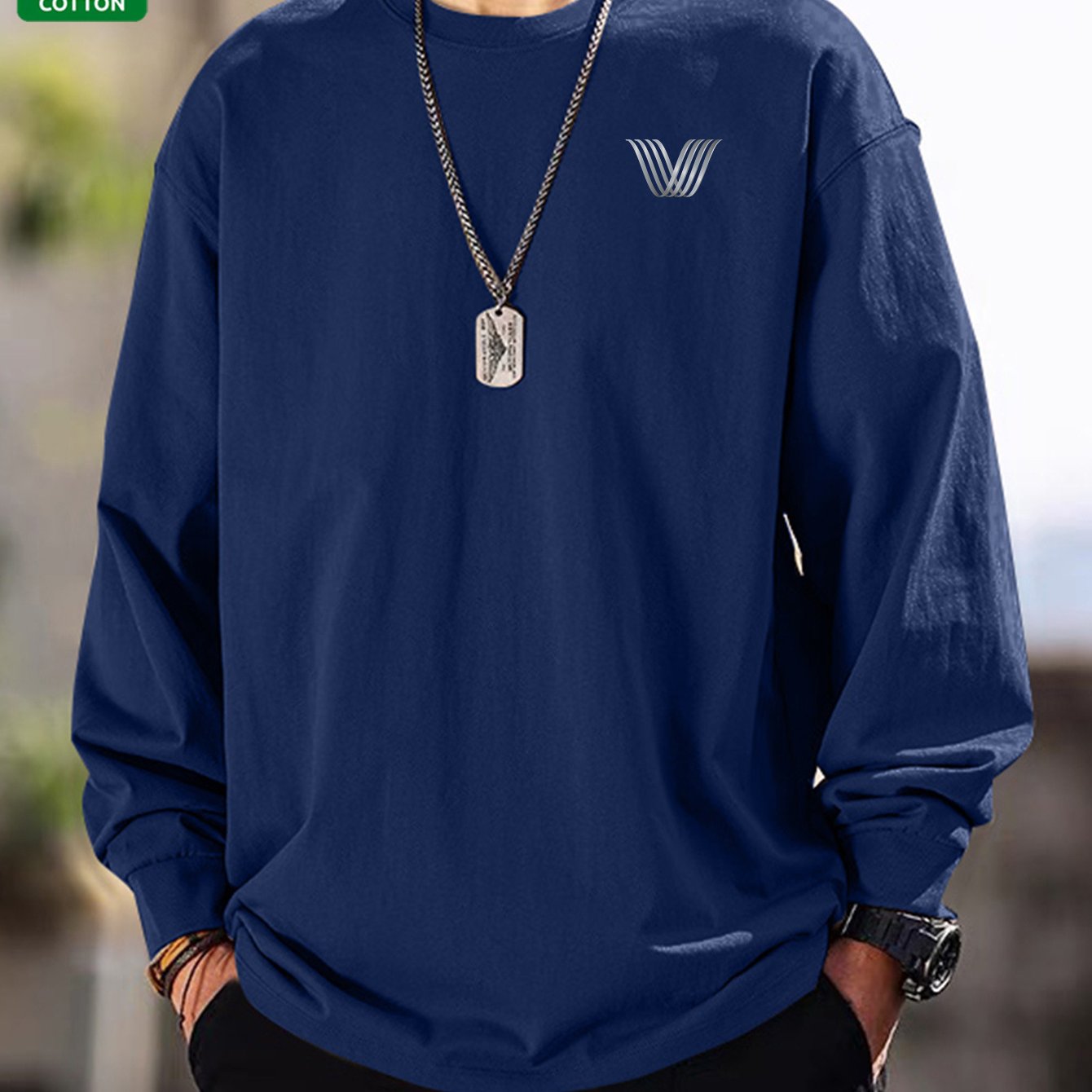 Men's long-sleeve crew-neck casual T-shirt, solid color with logo