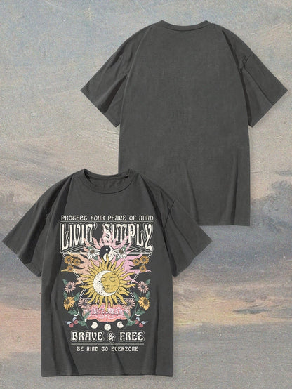 Women's T-Shirt Boho Living Simply Brave & Free with Sun Design and Inspirational Quote – Casual Summer Top