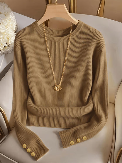 Women's rib-knit long-sleeve crew-neck sweater with buttons