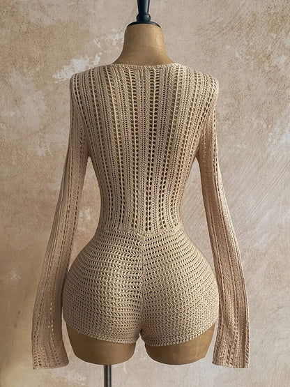 Women's Boho One-Piece with Crochet Pattern and Deep Neckline – Perfect for Beach, Vacation & Summer Parties