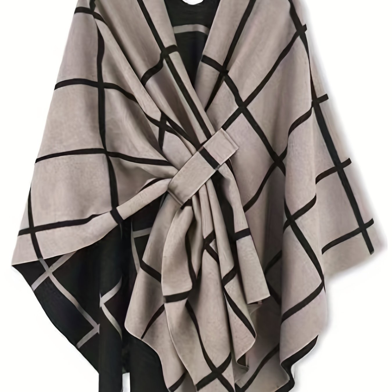Damen Poncho Kariert Beige Schwarz mit Bindedetail