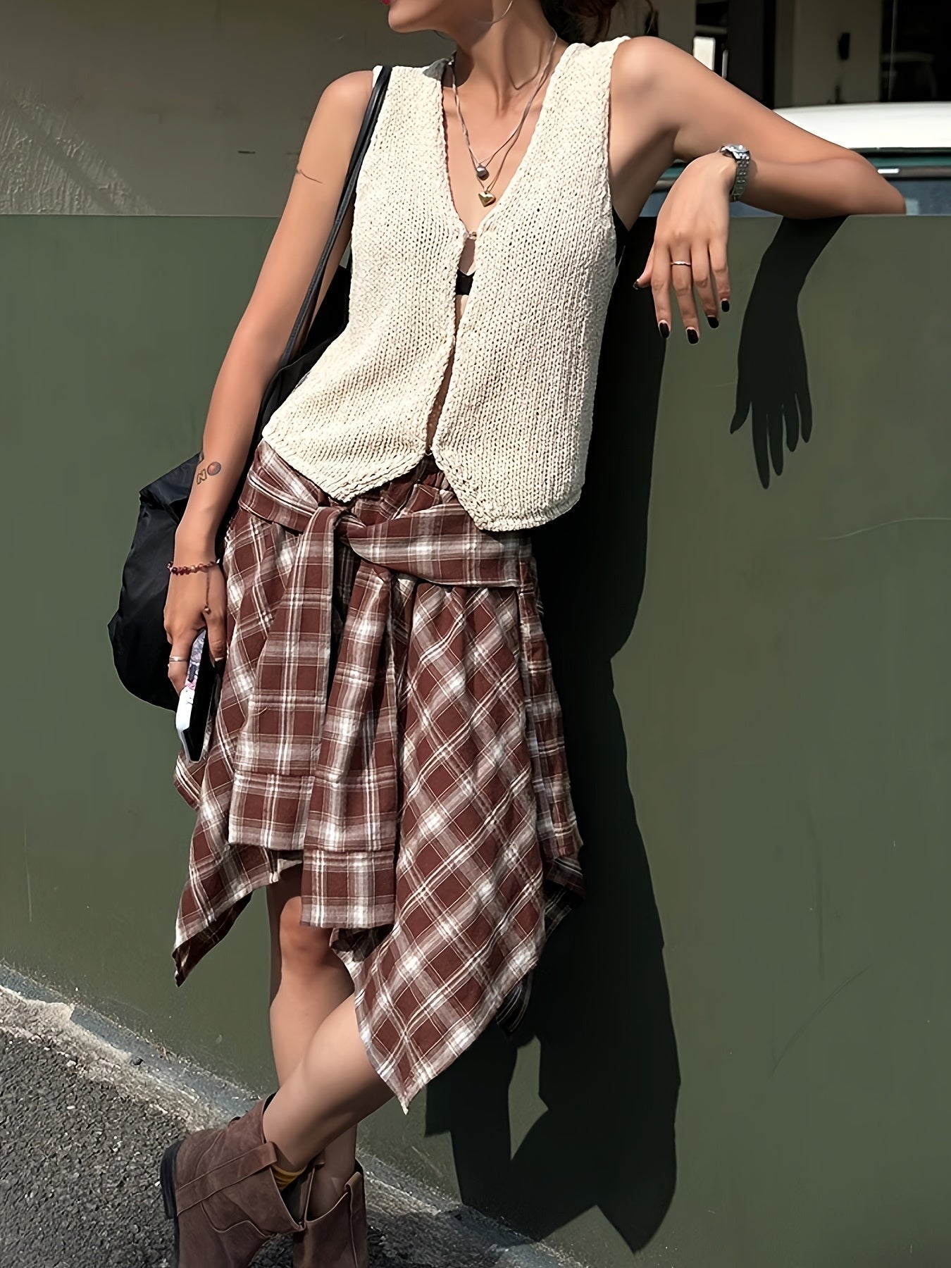 Women's Asymmetric Street-Style Skirt with Checkered Pattern and Knot Detail – Urban Casual Look